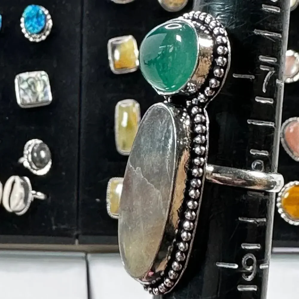 💕 Dendritic agate and Chalcedony,‎ double gemstone ring silver plated size 8